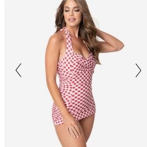 NEW Unique Vintage Red & White Gingham Check One Piece Swim Suit Size Medium